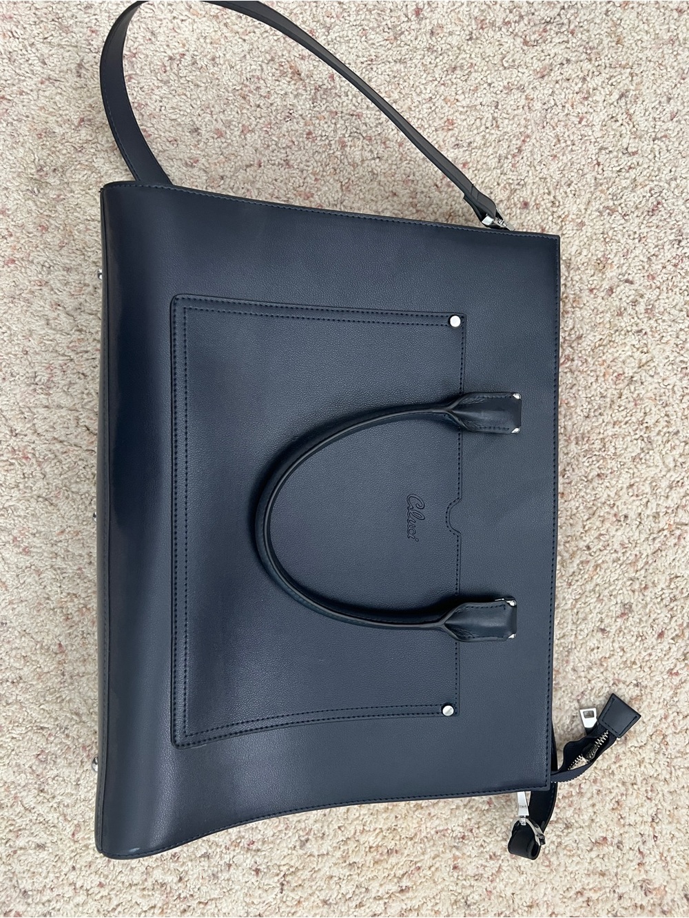 Cluci navy Leather Laptop Tote Bag with Top Handles and Shoulder Strap